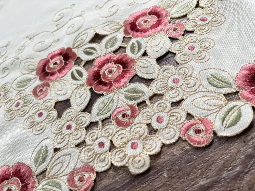 Embroidered Pink Rose Table Topper, Cutwork Floral Linen, Cottagecore